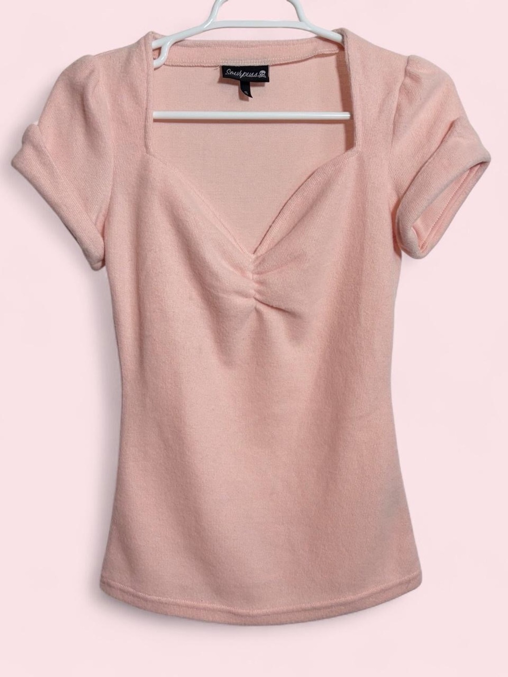 Sourpuss Blush Pink V neck top retro rockabilly small